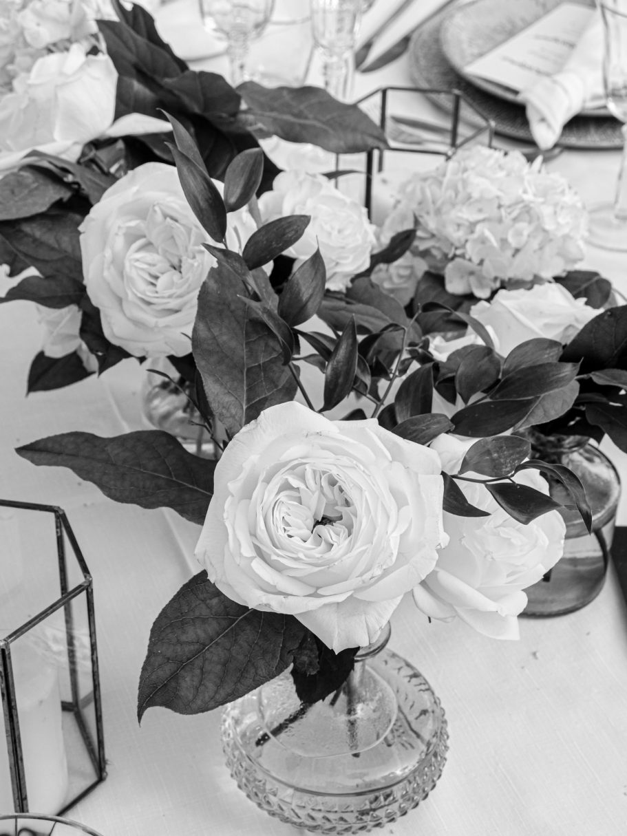 Detailaufnahme weißer Blumen auf Hochzeitstafel – elegante Tischdekoration bei einer Outdoor-Hochzeit

